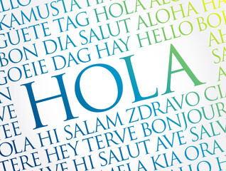 Hola (Hello Greeting in Spanish) word cloud in different languages of the world © dizain