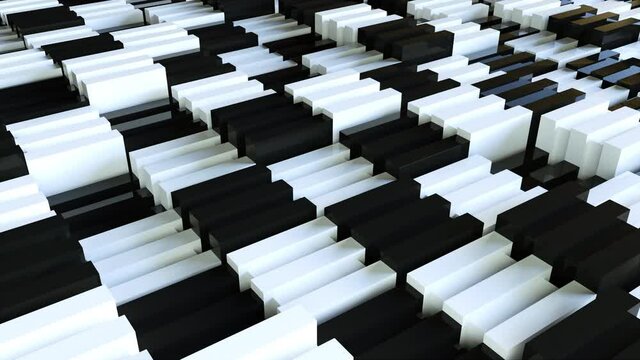 Geometric building 3d render bricks with longitudinal cutouts. Abstract wall of randomly moving cubes. Futuristic architectural minimalism made from realistic squares with straight stripes