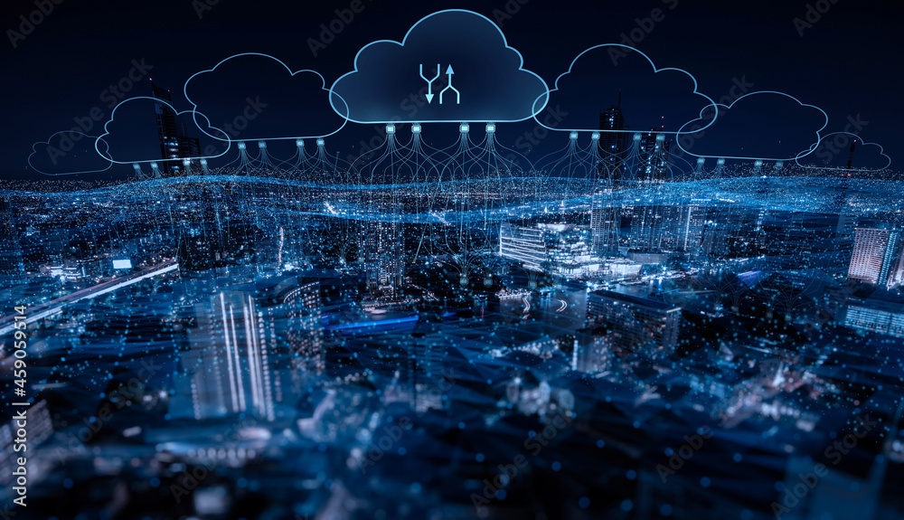 Poster cloud computing and download concept. double exposure smart city.abstract glowing clouds hologram on