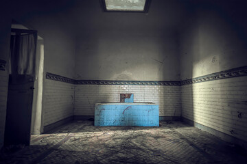 Real horror scene. bathtub with blood in abandoned house. Bloody sacrifice. Panic room. Halloween...