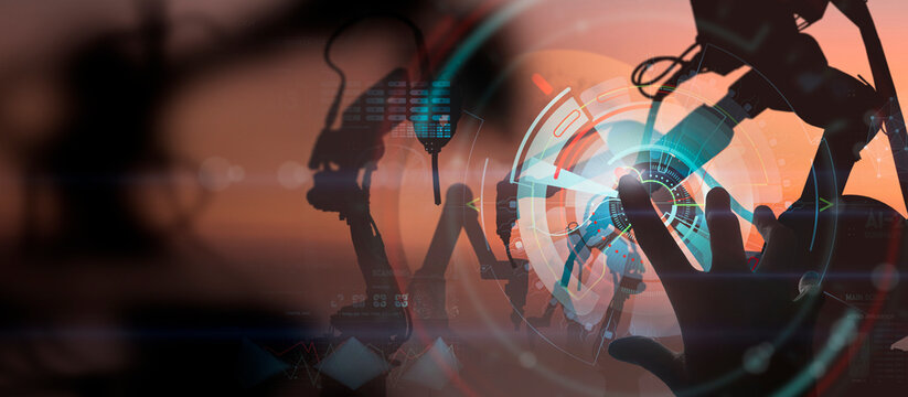 Engineer hand working dashboard AI Robot arm analyzing mathematics for automated manufacturing process.Concept of robotics technology and machine learning or mechanized industry problem solving.