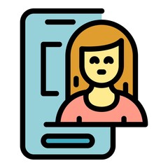 Woman smartphone interaction icon. Outline woman smartphone interaction vector icon color flat isolated