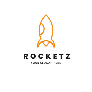 Isolated simple and minimalist monoline outline image of orange rocket ship with fire logo