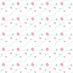 Eggs and footprints of pink dinosaur in seamless pattern