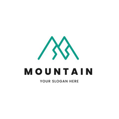 Isolated simple and minimalist monoline outline image of blue mountain logo. Logo for the mountain climbing or travel shop.