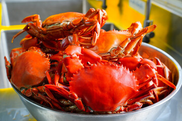 Seafood, crabs in a bowl dish. Orange, red mud crabs prepared menu tasty gourmet cuisine cooking by boiled or steamed in whole. Street food meal that look luxury plate. King crab, big claw, fresh.
