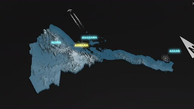 Seamless looping animation of the 3d terrain map at nighttime of Eritrea with the capital and the biggest cites in 4K resolution
