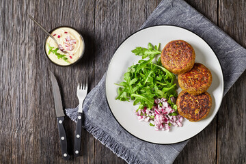 vegan lentil patties with rocket onion salad