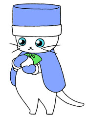 雪玉を作る白猫