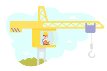 Kid builder working on construction crane to build house building, boy in helmet working