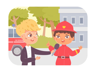 Journalist interview with kid fireman, boy child news reporter interviewing firefighter