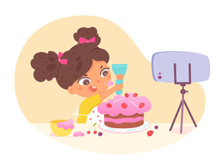 Girl food blogger cooking sweet cake shooting video use smartphone vector illustration