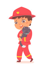 Kid firefighter rescuing cat, boy fireman in red costume holding pet animal to rescue