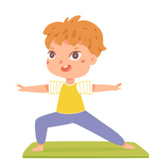 Cute boy doing yoga sport exercise, healthy lifestyle activity, exercising in gym