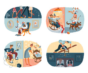 Loud noisy neighbours set. Problems in neighbouring apartments at home vector illustration. Party and old man, annoyed woman and music, playing guitar and distracting child, construction work - obrazy, fototapety, plakaty