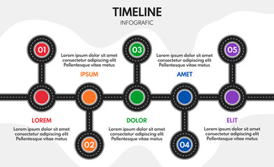5 steps or milestones with roar line, progress or timeline infographics vector template