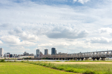 View of office buildings of central Osaka city from Yodogawa river bank