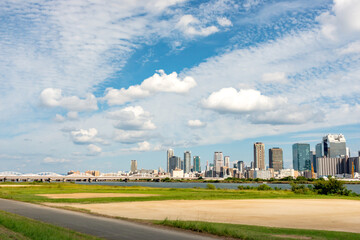 Obraz premium View of office buildings of central Osaka city from Yodogawa river bank