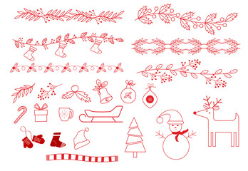 Christmas set. Outline drawing - borders made of branches, a snowman and a deer, balls, warm clothes, sledges and gifts. Vector illustration. For use in design of postcards and prints, social networks