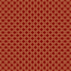 golden crossed squares ornament over wine red background, chinese or asian styled vector abstract seamless texture