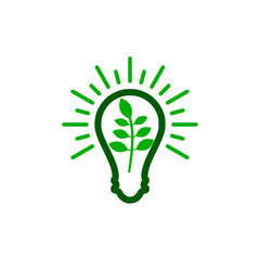 Electric light bulb with green leaves icon isolated on white background