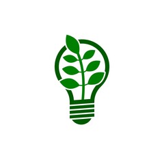 Electric light bulb with green leaves icon isolated on white background