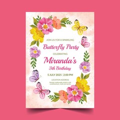 hand painted watercolor butterfly birthday invitation template vector design illustration