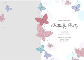 hand drawn butterfly birthday invitation template with photo vector design illustration