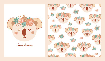 Set cute poster and seamless pattern with koala face and poster with lettering Sweet dreams. Collection with animal of flat style for children clothing, textiles, wallpapers. Vector Illustration