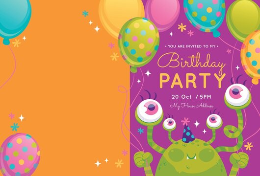 flat monster birthday invitation template with photo vector design illustration