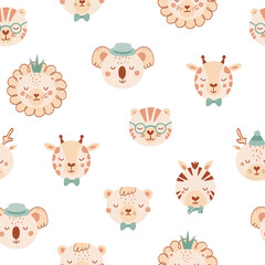 Obraz premium Seamless pattern with cute wild animals. Background with lion,deer, giraffe, zebra, tige, bear in flat style. Illustration for kids. Design for wallpaper, fabric, textiles, wrapping paper. Vector