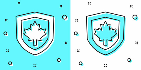 Black line Canada flag on shield icon isolated on green and white background. Random dynamic shapes. Vector