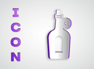 Paper cut Bottle of maple syrup icon isolated on grey background. Paper art style. Vector
