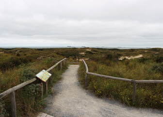 Aussichtspunkt in den Ostdünen von Scheveningen mit Blick auf die Nordsee mit Schiffen