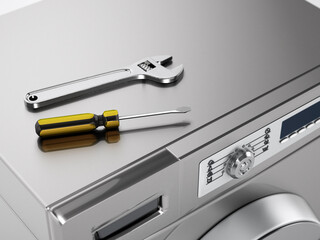 Washing machine, wrench and screwdriver. Household appliance repair concept. 3D illustration