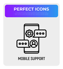 Mobile support thin line icon: chat on smartphone with speech bubble. Modern vector illustration.