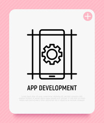Mobile app development thin line icon. Cogwheel on smartphone screen. Vector illustration.