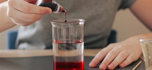 Lava lamp, science experiment with water, food coloring, oil and aspirin doing by school girl. Step by step process of doing homework. Education, back to school, distant banner.