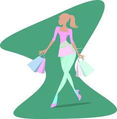 Girl in light leggings and a pink sweater walking with packages