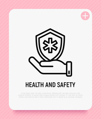 Health and safety thin line icon, hand holding shield with medical symbol. Modern vector illustration.