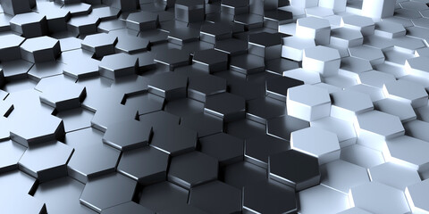 Texture and background from volumetric hexagons of white and black colors.