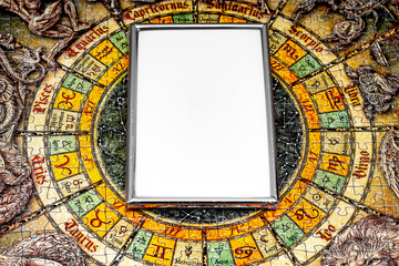 a real photo of the background consisting of assembled puzzles of the zodiac astrological circle...