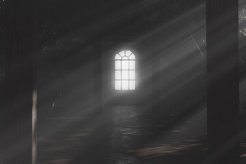 3d rendering of darken empty attic with light rays through holes in the roof