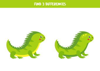 Find 3 differences between two cartoon green iguanas.