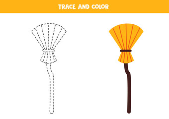 Trace and color cartoon broom. Worksheet for kids.