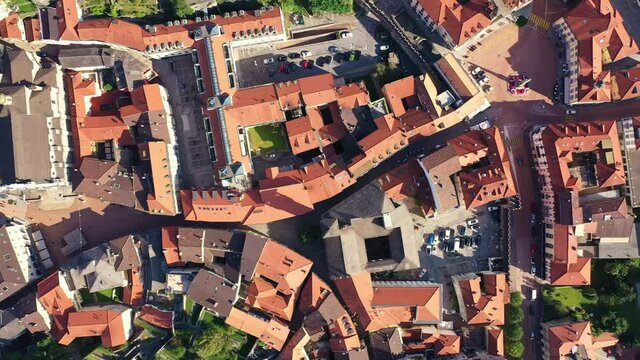 Overhead aerial drone footage of the Bellinzona old town in Canton Ticino in Switzerland. 