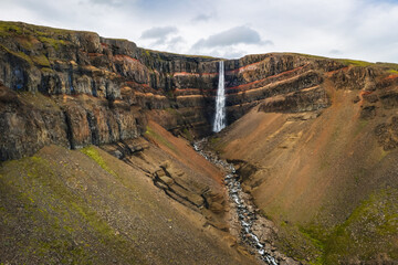 Aerial view of Hengifoss Waterfall in Iceland
