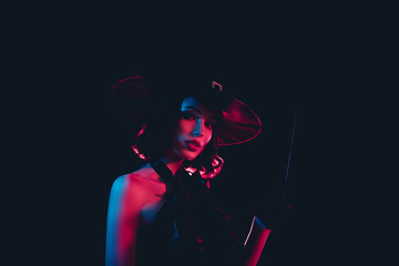 Photo of cruel scary mysterious woman wear gothic witch dress headwear isolated dark gradient color...