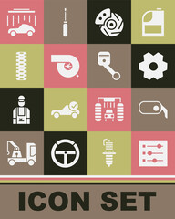 Set Car settings, rearview mirror, Gear, brake disk with caliper, Automotive turbocharger, tire wheel, wash and Engine piston icon. Vector