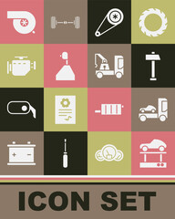 Set Repair car on a lift, Car transporter truck, Hammer, Timing belt kit, Gear shifter, Check engine, Automotive turbocharger and Tow icon. Vector